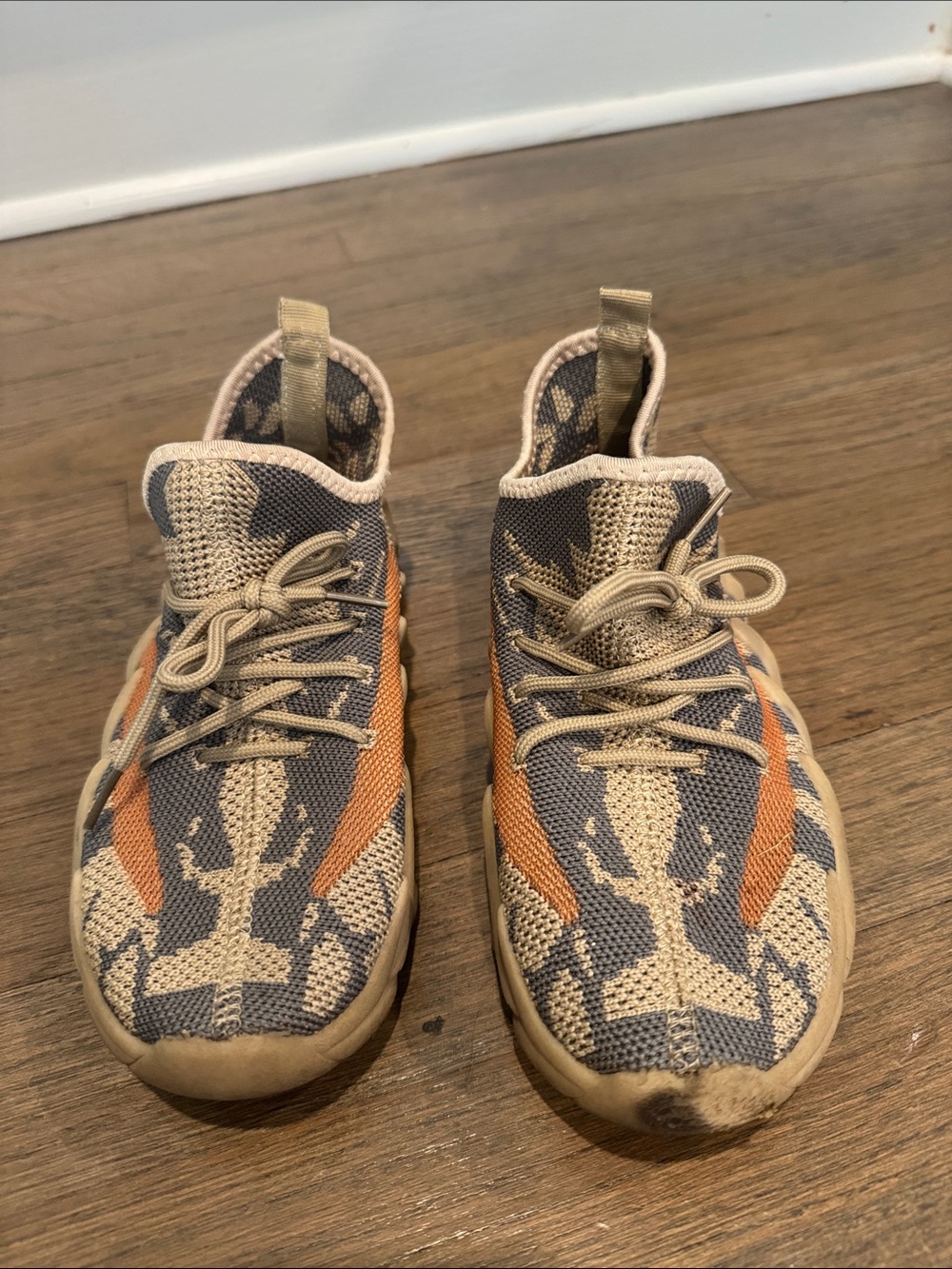 Neutral Beige and Gray Knit Sneakers with Orange Accents